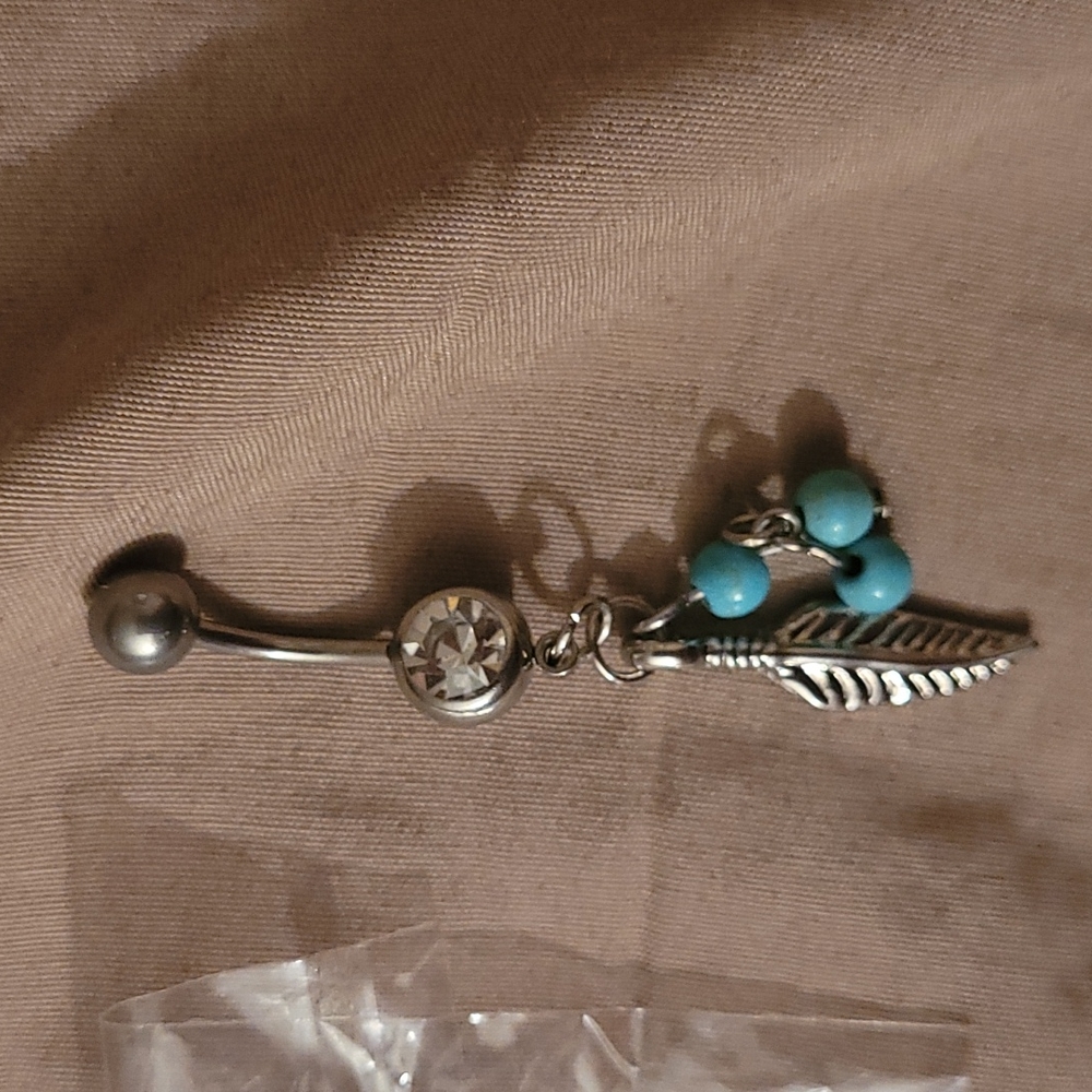 New silver & teal stainless steel feather dangle belly ring